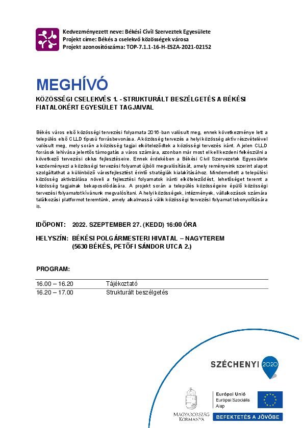 Meghívó: Közösségi cselekvés 1. - Strukturált beszélgetés a Békési Fiatalokért Egyesület tagjaival
