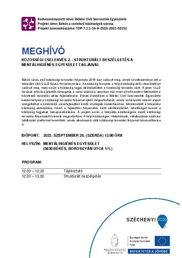 Meghívó: Közösségi cselekvés 2. - Strukturált beszélgetés a Mentálhigiénés Egyesület tagjaival 