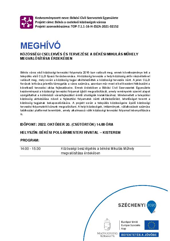 Meghívó: Közösségi cselekvés és tervezése a békési Mikulás Műhely megvalósítása érdekében