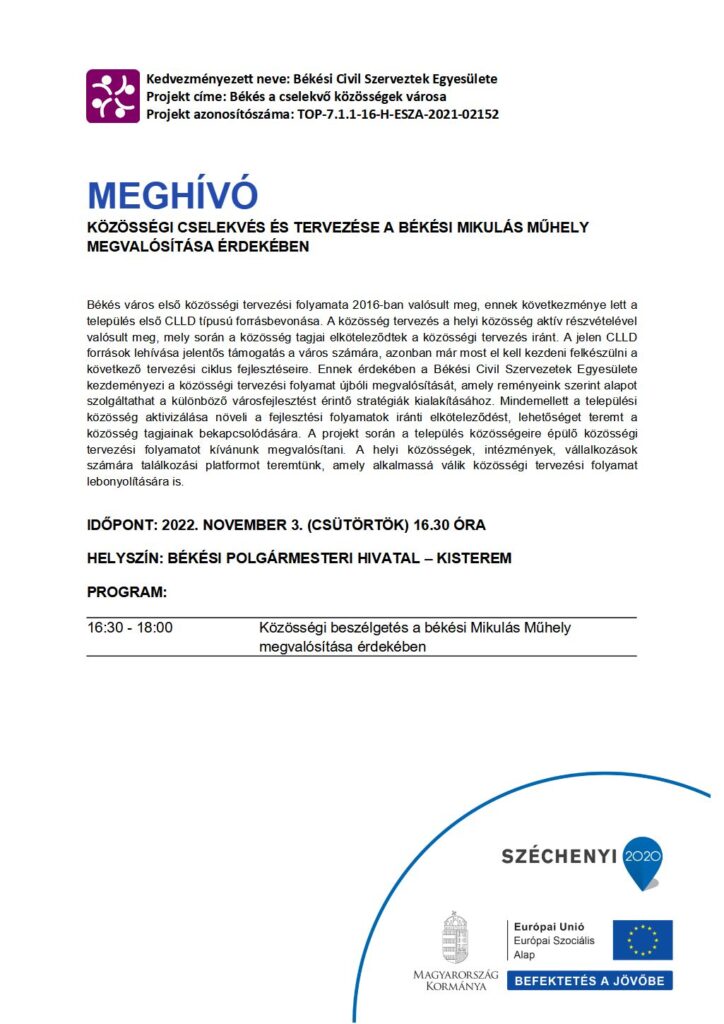 Meghívó: Közösségi cselekvés és tervezése a békési Mikulás Műhely megvalósítása érdekében