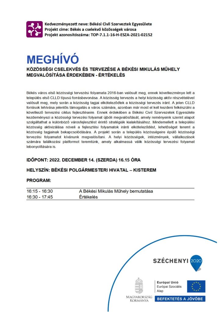 Meghívó: Közösségi cselekvés és tervezése a békési Mikulás Műhely megvalósítása érdekében - Értékelés