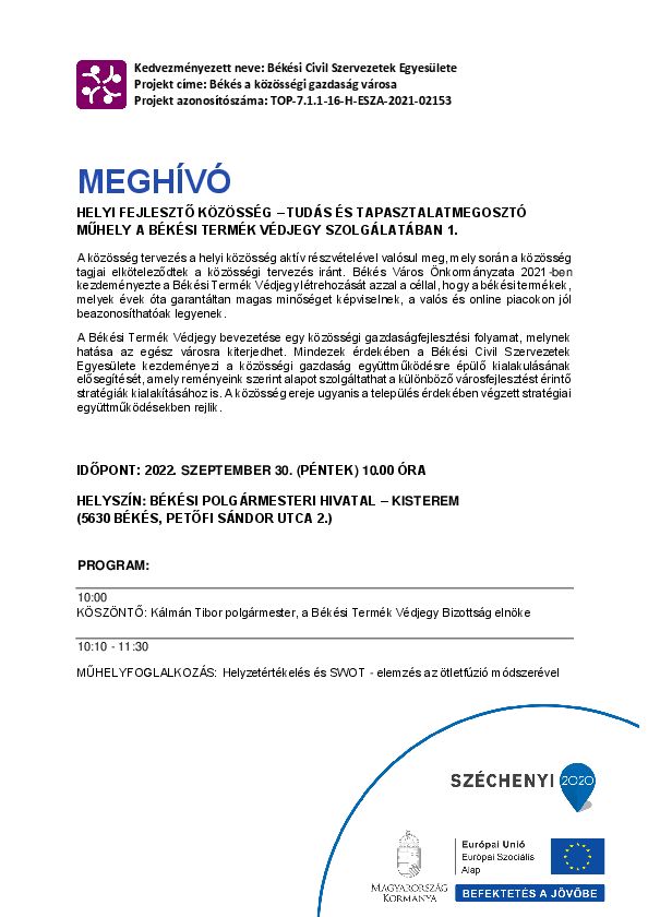 Meghívó: Helyi fejlesztő Közösség - Tudás és tapasztalatmegosztó műhely a Békési Termék Védjegy szolgálatában 1.