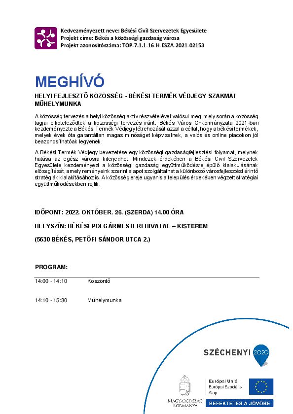 Meghívó: Helyi fejlesztő Közösség - Békési Termék Védjegy Szakmai Műhelymunka
