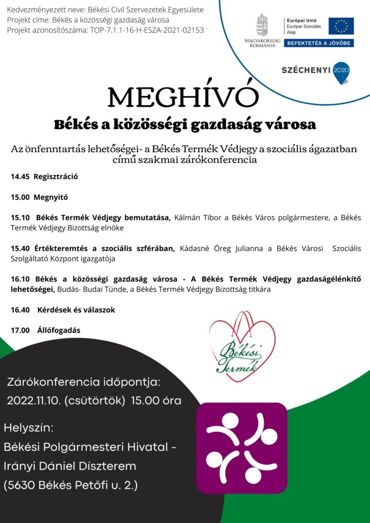Meghívó: Az önfenntartás lehetőségei, Békés Termék Védjegy a szociális ágazatban című szakmai zárókonferencia
