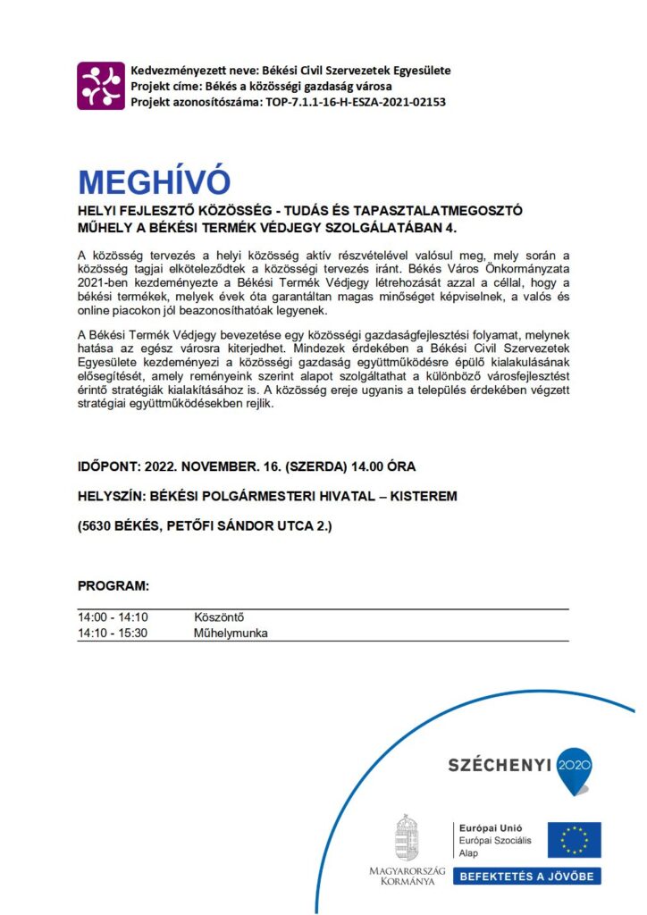 Meghívó: Helyi fejlesztő Közösség - Tudás és tapasztalatmegosztó műhely a Békési Termék Védjegy szolgálatában 4.