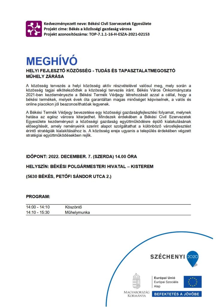 Meghívó: Helyi fejlesztő Közösség - Tudás és tapasztalatmegosztó műhely zárása 